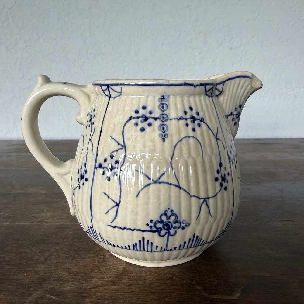 Antique Sarreguemines Copenhague Blue & White Ironstone Pitcher Creamer AS IS